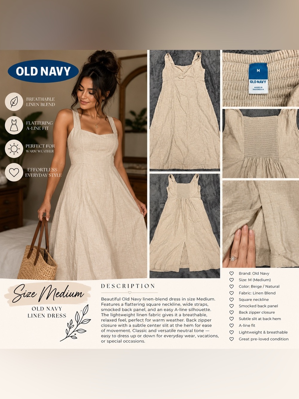 Old Navy Natural Beige Linen-Blend Midi Dress